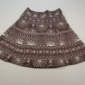 100% Linen Skirt Embroidered Floral Stitching Think Tank Brown A-Line‎ Size 10